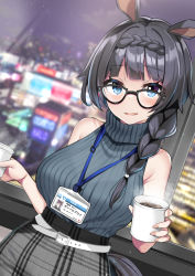 Rule 34 | 1girl, absurdres, alternate costume, animal ears, armpit crease, bare shoulders, belt, black hair, black skirt, blue eyes, blush, bra visible through clothes, braid, braided ponytail, breasts, crown braid, cup, disposable cup, glass bottle, glasses, green sweater, highres, holding, holding cup, horse ears, horse girl, horse tail, id card, indoors, lanyard, large breasts, long hair, looking at viewer, low ponytail, night, open mouth, reaching, reaching towards viewer, sasanon (sasapoliton), skirt, sleeveless, sleeveless sweater, smile, solo, steam, sweater, sweater tucked in, tail, turtleneck, turtleneck sweater, umamusume, upper body, window, zenno rob roy (umamusume)