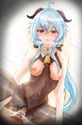 Rule 34 | 1boy, 1girl, ahoge, bar censor, bare shoulders, bell, black bodysuit, blue hair, blush, bodysuit, breasts, breasts out, censored, covered navel, cowbell, cowgirl position, cum, cum in pussy, dutch angle, female pubic hair, ganyu (genshin impact), genshin impact, girl on top, goat horns, hair between eyes, heavy breathing, hetero, highres, horns, kenzenchan18, long hair, looking at viewer, male pubic hair, medium breasts, multicolored eyes, navel, neck bell, nipples, nose blush, open mouth, orange eyes, penis, pov, pubic hair, red eyes, sex, skin tight, solo focus, straddling, torn bodysuit, torn clothes, vaginal, very long hair