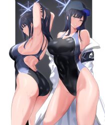 Rule 34 | 1girl, aji (sakanaaj1), armband, ass, baseball cap, black hair, black headwear, blue archive, blue eyes, blue halo, blush, border, breasts, collarbone, competition swimsuit, grey background, grin, halo, hat, highres, jacket, jacket on shoulders, large breasts, looking at viewer, multiple views, one-piece swimsuit, outside border, saori (blue archive), sidelocks, simple background, smile, swimsuit, swimsuit under clothes, white border, white jacket