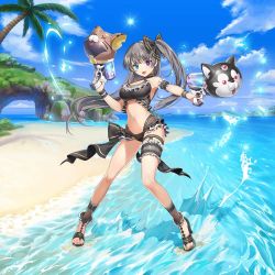 Rule 34 | 1girl, :d, aqua eyes, armband, armpits, beach, bikini, blue sky, bow, breasts, choker, cleavage, cloud, day, dual wielding, feet, filsy, frilled bikini, frilled swimsuit, frills, garm (valkyrie connect), hair between eyes, heterochromia, high heels, holding, island, large breasts, looking at viewer, navel, ocean, official art, open mouth, outdoors, palm tree, ponytail, purple eyes, risa (valkyrie connect), sand, sandals, sky, smile, splashing, summer, sun, swimsuit, tree, valkyrie connect, water gun