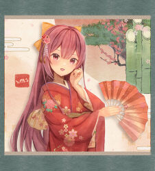 Rule 34 | 1girl, artist name, blush, commission, floral print, folding fan, hair between eyes, hand fan, holding, holding fan, japanese clothes, kamikaze (kancolle), kantai collection, kimono, long hair, long sleeves, open mouth, print kimono, purple eyes, purple hair, red kimono, signature, skeb commission, smile, solo, wide sleeves, wss (nicoseiga19993411)