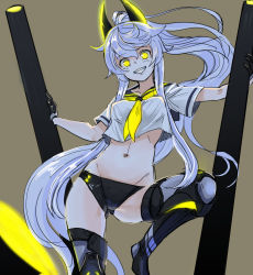 Rule 34 | 1girl, :d, ahoge, azur lane, black gloves, black shorts, black thighhighs, boots, breasts, collarbone, crazy smile, full body, gloves, glowing, glowing eyes, hair between eyes, hair ornament, hey taisyou, highres, horns, legs, long hair, looking at viewer, midriff, navel, neckerchief, open mouth, ponytail, purifier (azur lane), school uniform, serafuku, shirt, shoes, short sleeves, shorts, silver hair, simple background, siren (azur lane), smile, solo, spread legs, standing, teeth, thigh strap, thighhighs, thighs, very long hair, weapon, white shirt, yellow eyes, yellow neckerchief
