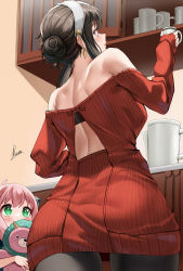 Rule 34 | 2girls, anya (spy x family), ass, ass focus, back, backless outfit, bare back, bare shoulders, black pantyhose, blush, breasts, dress, hair bun, highres, large breasts, long hair, long sleeves, mother and daughter, multiple girls, pantyhose, piukute062, red sweater, short hair, single hair bun, spy x family, sweater, sweater dress, thighs, yor briar