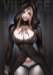 Rule 34 | badcompzero, bela dimitrescu, black panties, blonde hair, blood, breasts, character request, commentary, evil grin, evil smile, grin, highres, hood, hoodie, jewelry, large breasts, long hair, necklace, panties, pubic tattoo, resident evil, resident evil village, smile, solo, tattoo, thighs, underwear, vampire, wide hips, yellow eyes