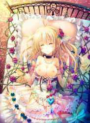 Rule 34 | 1girl, bad id, bad pixiv id, bare shoulders, bed, breasts, choker, corset, dress, elbow gloves, closed eyes, flower, frilled pillow, frills, gloves, hair ornament, jewelry, lots of jewelry, lying, medium breasts, necklace, nipples, pillow, plant, rose, solo, twintails, vines, yamadori yoshitomo, you gonna get raped
