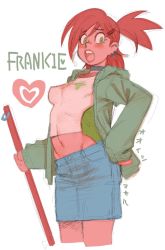 Rule 34 | 1girl, blush, breasts, character name, choker, cowboy shot, crop top, cropped legs, denim, denim skirt, ear piercing, earrings, english text, foster&#039;s home for imaginary friends, frankie foster, green choker, green eyes, green hoodie, hair ornament, hairclip, hand on own hip, heart, high ponytail, highres, holding, hood, hood down, hoodie, jewelry, long hair, looking at viewer, medium hair, midriff, miniskirt, navel, open clothes, open hoodie, open mouth, orange hair, piercing, ponytail, ramb chop, simple background, sketch, skinny, skirt, sleeves past wrists, small breasts, solo, standing, teeth, tongue, upper teeth only, white background