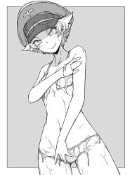 Rule 34 | 1girl, absurdres, bikini, border, breasts, closed mouth, commentary request, covering privates, covering breasts, covering crotch, cowboy shot, dissolving clothes, dutch angle, erwin (girls und panzer), girls und panzer, gluteal fold, goggles, goggles on headwear, greyscale, hat, highres, light blush, looking at viewer, military hat, monochrome, navel, outside border, partial commentary, peaked cap, pointy hair, renshiu, short hair, small breasts, smile, solo, standing, sweatdrop, swimsuit