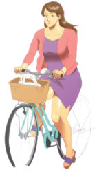 Rule 34 | bag, basket, bicycle, breasts, brown eyes, brown hair, dress, hair ribbon, handbag, highres, jacket, large breasts, liu mei-xing, long hair, mole, nappii (nappy happy), pink jacket, purple dress, ribbon, sandals, side slit, simple background, sweater jacket, thick thighs, thighs, white background