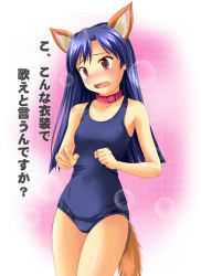 Rule 34 | 00s, animal ears, blush, cat ears, cat tail, collar, idolmaster, idolmaster (classic), idolmaster 1, kisaragi chihaya, nishi (count2.4), one-piece swimsuit, school swimsuit, solo, swimsuit, tail, translated