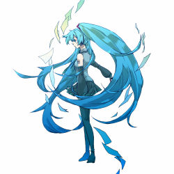 Rule 34 | 1girl, ahoge, bad id, bad pixiv id, blue hair, boots, detached sleeves, full body, gradient hair, green eyes, green hair, hatsune miku, headphones, high heels, highres, long hair, matching hair/eyes, michibata 65, multicolored hair, shoes, simple background, skirt, solo, thigh boots, thighhighs, twintails, vocaloid, white background