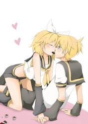 Rule 34 | 1boy, 1girl, all fours, bad id, bad pixiv id, blonde hair, blue eyes, brother and sister, chocolate, hair ornament, hair ribbon, hairclip, heart, hetero, imminent kiss, incest, kagamine len, kagamine rin, ribbon, shared food, short hair, shorts, siblings, sitting, twincest, twins, vocaloid, yaichi (reverie)