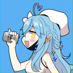 Rule 34 | 1girl, ahoge, beer can, blue background, blue hair, can, drink can, half updo, hat, heart, heart ahoge, highres, hololive, honmirin, long hair, mask, mask pull, mouth mask, pointy ears, profile, solo, vampire (vocaloid), virtual youtuber, vocaloid, yellow eyes, yukihana lamy