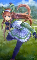 Rule 34 | 1girl, animal ears, arm up, black bow, black gloves, black pantyhose, blue eyes, blue sky, bow, brown hair, cloud, cloudy sky, commentary request, day, feet out of frame, floating hair, gloves, grass, hairband, highres, horse ears, horse girl, horse tail, jacket, layered sleeves, long hair, long sleeves, outdoors, pantyhose, parted lips, pleated skirt, puffy short sleeves, puffy sleeves, short over long sleeves, short sleeves, signature, silence suzuka (umamusume), skirt, sky, solo, standing, standing on one leg, tail, umamusume, very long hair, white hairband, white jacket, white skirt, yumibakama meme