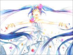Rule 34 | 1girl, bad id, bad pixiv id, blue hair, bracelet, dress, closed eyes, flower, hatsune miku, head wreath, jewelry, long hair, memayuta, open mouth, outstretched arms, solo, spread arms, strapless, strapless dress, twintails, very long hair, vocaloid, white background