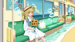 Rule 34 | 1girl, air bubble, beach, blonde hair, blue vest, bubble, clownfish, dithering, dress, fish, flower, hat, highres, pixel art, shusi (6muuu3), sitting, smile, solo, straw hat, stuffed animal, stuffed penguin, stuffed toy, sunflower, train interior, vest, waves, white dress, wind chime, yellow eyes