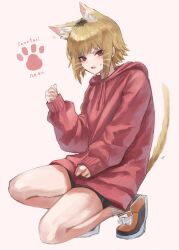 Rule 34 | 1girl, animal ears, animal hands, blonde hair, blush, cat ears, cat paws, cat tail, chainsaw man, character name, deyo (nicijyou), drawn whiskers, fang, highres, hood, hoodie, looking at viewer, multicolored hair, red eyes, red hoodie, roots (hair), sawatari akane (chainsaw man), short shorts, shorts, simple background, skin fang, sleeves past wrists, slit pupils, solo, squatting, tail, tail raised, two-tone hair