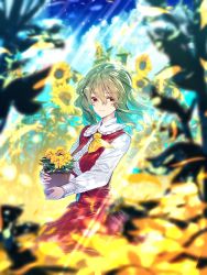 Rule 34 | 1girl, ascot, blue sky, breasts, center frills, cloud, commentary request, day, field, flower, flower field, flower pot, frilled shirt collar, frills, green hair, hair between eyes, highres, holding, holding flower pot, holding pot, kazami yuuka, light rays, long sleeves, looking at viewer, medium breasts, outdoors, plaid, plaid skirt, plaid vest, pot, red eyes, red skirt, red vest, shirt, short hair, skirt, skirt set, sky, smile, solo, sunflower, sunflower field, touhou, vest, white shirt, yellow ascot, yellow flower, zounose