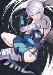 Rule 34 | 1girl, absurdres, bandaged arm, bandaged leg, bandages, black gloves, braid, breasts, crossed arms, dual wielding, flower, gloves, hair flower, hair ornament, high heels, highres, holding, holding sword, holding weapon, kaine (nier), large breasts, lingerie, nier, nier (series), open mouth, risumi (taka-fallcherryblossom), single bare shoulder, solo, sword, underwear, weapon, white hair, yellow eyes