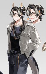 Rule 34 | 1boy, alternate costume, arknights, belt, belt buckle, black belt, black hair, blue pants, blue shirt, buckle, chong yue (arknights), closed eyes, closed mouth, commentary, cropped head, dragon boy, dragon horns, dragon tail, earrings, grey background, grey hair, hand in pocket, highres, horns, ierotak, jacket, jewelry, looking at viewer, male focus, multicolored hair, multiple views, open clothes, open jacket, open mouth, pants, parted bangs, pointy ears, red eyes, shirt, short hair, simple background, smile, star (symbol), streaked hair, tail, toned, toned male, twitter username, white jacket
