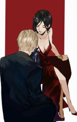 Rule 34 | ada wong, black hair, black suit, border, breasts, cleavage, closed eyes, closed mouth, collarbone, dress, eyeshadow, formal, gold bracelet, high heels, highres, holding cloth, kneeling, legs, leon s. kennedy, lips, looking at another, makeup, meow (cindy738), plunging neckline, red background, red dress, red footwear, red nails, resident evil, short hair, side slit, sitting, sketch, sleeveless, sleeveless dress, small breasts, smile, suit, white border