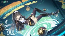 Rule 34 | 1girl, arusu marina, belt, black footwear, black hair, black legwear, black shorts, closed mouth, date a live, date a live: spirit pledge, floating, hairband, highres, long hair, looking at viewer, official art, shorts, solo, white hairband, yellow belt, yellow eyes
