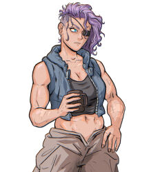Rule 34 | 1girl, black shirt, blue eyes, breasts, cleavage, crop top, cup, eyepatch, freckles, hairstyle request, highres, messy hair, mug, navel, original, purple hair, scar, scar on arm, shirt, small breasts, solo, standing, toned, veldrin, white background