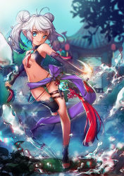 Rule 34 | 1girl, banya, banya (ryu), barefoot, bikini, blue eyes, breasts, cleavage, dagger, detached sleeves, double bun, dual wielding, full body, gem, hair bun, holding, knife, legs, long hair, magic, navel, original, outdoors, pointy ears, silver hair, single thighhigh, small breasts, smile, solo, standing, standing on one leg, swimsuit, thigh gap, thigh strap, thighhighs, tiptoes, toeless legwear, toes, twintails, water, weapon