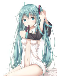 Rule 34 | 1girl, adjusting hair, ahoge, akira (been0328), aqua eyes, aqua hair, bad id, bad pixiv id, detached sleeves, hatsune miku, long hair, mouth hold, navel, open clothes, open shirt, shirt, sitting, solo, twintails, very long hair, vocaloid
