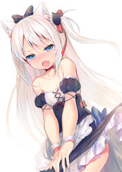 Rule 34 | 1girl, animal ear fluff, animal ears, apron, asagi yuna, azur lane, bare shoulders, blue eyes, blush, bow, breasts, cat ears, choker, commentary request, detached sleeves, fang, hair bow, hair ornament, hair ribbon, hammann (azur lane), highres, long hair, looking at viewer, open mouth, puffy short sleeves, puffy sleeves, remodel (azur lane), ribbon, ribbon choker, short sleeves, skin fang, small breasts, solo, tearing up, underbust, waist apron, white apron, white hair, wrist cuffs