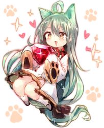 Rule 34 | + +, 1girl, :3, :d, ahoge, akashi (azur lane), animal ears, azur lane, blush, blush stickers, cat ears, cat paw, commentary request, full body, gem, green eyes, green hair, heart, holding, kneehighs, long hair, long sleeves, open mouth, paw print, ribbon, sleeves past fingers, sleeves past wrists, smile, socks, solo, sparkle, sparkling eyes, sukemyon, very long hair, yellow eyes