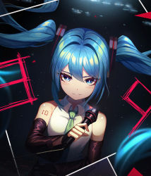 Rule 34 | 1girl, 39, aqua necktie, bare shoulders, black background, black sleeves, blue eyes, blue hair, bright pupils, detached sleeves, hair ornament, hatsune miku, highres, holding, holding microphone, long hair, long sleeves, looking at viewer, microphone, nail polish, necktie, parted lips, pink nails, serious, shirt, smile, solo, sugar (dndi888), tsurime, twintails, upper body, v-shaped eyebrows, vocaloid, white shirt