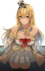 Rule 34 | 1girl, black hairband, blonde hair, blue eyes, blurry, breasts, cleavage, closed mouth, collarbone, cowboy shot, crown, depth of field, dress, flower, hair between eyes, hairband, highres, jewelry, kantai collection, kasumi (skchkko), large breasts, long hair, long sleeves, mini crown, necklace, off-shoulder dress, off shoulder, red flower, red ribbon, red rose, ribbon, rose, smile, solo, thighhighs, warspite (kancolle), white background, white dress