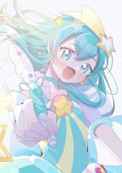 Rule 34 | 1girl, aqua choker, aqua hair, blue eyes, blush, choker, commentary request, cure milky, earrings, hagoromo lala, hair ornament, hairband, highres, holding, holding pen, jewelry, lilylily0601, looking at viewer, magical girl, open mouth, pen, pointy ears, precure, see-through, see-through sleeves, shooting star hair ornament, smile, solo, star-shaped pupils, star (symbol), star color pen, star earrings, star hair ornament, star in eye, star twinkle precure, symbol-shaped pupils, symbol in eye, yellow hairband