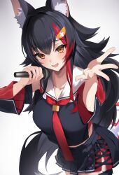 Rule 34 | 1girl, absurdres, animal ear fluff, animal ears, argule0901, black hair, detached sleeves, fang, hair between eyes, hair ornament, hairpin, highres, holding, holding microphone, hololive, long hair, looking at viewer, microphone, multicolored hair, music, necktie, ookami mio, ookami mio (1st costume), open mouth, red hair, red necktie, singing, skin fang, skirt, solo, streaked hair, tail, tail around own leg, tail wrap, virtual youtuber, white background, wolf ears, wolf girl, wolf tail, yellow eyes