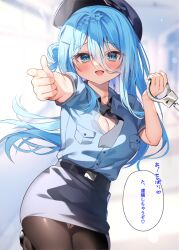 Rule 34 | 1girl, black footwear, black hat, black necktie, blue eyes, blue hair, blue shirt, blurry, blurry background, blush, breasts, brown pantyhose, chihiro (khorosho), cleavage, collared shirt, commentary request, cuffs, depth of field, dress shirt, finger gun, floating hair, grey skirt, hair bun, handcuffs, hat, holding, long hair, medium breasts, necktie, one side up, original, outstretched arm, panties, panties under pantyhose, pantyhose, peaked cap, police, police hat, police uniform, policewoman, puffy short sleeves, puffy sleeves, shirt, shoes, short sleeves, single side bun, skirt, solo, translated, underwear, uniform, very long hair, white panties