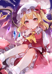 Rule 34 | 1girl, absurdres, blonde hair, crystal wings, dress, flandre scarlet, frilled dress, frills, full body, full moon, hand up, highres, ika esu, moon, outdoors, red eyes, side ponytail, smile, solo, touhou, white mob cap, wrist cuffs