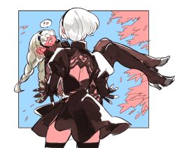 Rule 34 | !, 2girls, absurdres, back cutout, black dress, black gloves, blush, braid, carrying, clothing cutout, dress, feather-trimmed sleeves, from behind, gloves, hairband, heart, highres, kohiu, looking at another, low twintails, multiple girls, nier (series), nier:automata, operator 6o, princess carry, puffy sleeves, short hair, silver hair, spoken exclamation mark, spoken heart, thighhighs, tree, twin braids, twintails, veil, 2b (nier:automata), yuri