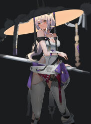 Rule 34 | 1girl, absurdres, armor, black background, blush, breasts, closed mouth, clothing cutout, fighting stance, goddess of victory: nikke, grey hair, hat, highres, japanese armor, jingasa, kote, large hat, leotard, long hair, medium breasts, ready to draw, scarlet (nikke), sheath, shoulder armor, smile, sode, solo, sword, weapon, weapon on back, white leotard, yellow eyes, yoo tenchi