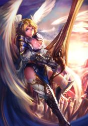 Rule 34 | 1girl, armor, blonde hair, breasts, cleavage, long hair, looking at viewer, original, samanta, smile, solo, sunlight, sword, thighhighs, thighs, weapon, white thighhighs, wings