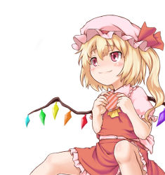 Rule 34 | 1girl, blonde hair, blush, box, collar, crystal, dress, female focus, flandre scarlet, frills, gift, gift box, hat, heart-shaped box, holding, mob cap, myonde, navel, puffy short sleeves, puffy sleeves, red dress, red eyes, short hair, short sleeves, simple background, smile, solo, touhou, valentine, white background, wings