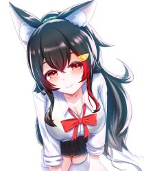 Rule 34 | 1girl, animal ear fluff, animal ears, black hair, black skirt, blush, bow, bowtie, breasts, cleavage, collarbone, collared shirt, hair ornament, highres, hololive, large breasts, long hair, ookami mio, pleated skirt, ponytail, red bow, red bowtie, school uniform, shadow, shatiku 72, shirt, skirt, socks, solo, virtual youtuber, white shirt, white socks, wolf ears, wolf girl
