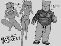 1boy 2girls absurdres ahoge arrow_(symbol) bikini braid breasts cat_cutout cat_ear_panties cleft_chin clothing_cutout collar commentary cosplay double_v dual_persona english_commentary english_text family_guy fat fat_man fate_(series) full_body garou_(one-punch_man) garou_(one-punch_man)_(cosplay) greyscale hair_bun hair_intakes highres kowai_(iamkowai) large_breasts monochrome multiple_girls navel nero_claudius_(fate) nero_claudius_(fate)_(all) nero_claudius_(swimsuit_caster)_(fate) ok_sign one-punch_man panties peter_griffin side-tie_bikini_bottom sidelocks standing swimsuit twintails underwear v