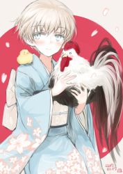 Rule 34 | 10s, 1girl, alternate costume, animal, bird, blue eyes, bun&#039;ya (0874cirno141), chicken, chinese zodiac, commentary request, floral print, flower, japanese clothes, kantai collection, kimono, looking at viewer, new year, rooster, sash, short hair, silver hair, smile, solo, wide sleeves, year of the rooster, z1 leberecht maass (kancolle)