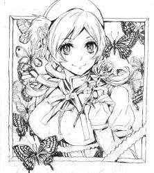 Rule 34 | 10s, 1girl, beret, border, bug, butterfly, detached sleeves, drill hair, fingerless gloves, flower, gloves, graphite (medium), greyscale, hair ornament, hairpin, hat, insect, magical girl, mahou shoujo madoka magica, mahou shoujo madoka magica (anime), monochrome, nobita (makoto7060355), puffy sleeves, rose, smile, solo, tomoe mami, traditional media, twin drills, twintails