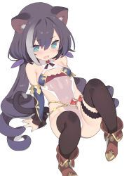 Rule 34 | 1girl, alternate costume, animal ear fluff, animal ears, arm support, black hair, black thighhighs, blade (galaxist), boots, breasts, brown footwear, cat ears, cat girl, cat tail, hair ribbon, highres, karyl (princess connect!), long hair, looking down, low twintails, multicolored hair, princess connect!, purple ribbon, ribbon, simple background, sitting, small breasts, solo, streaked hair, tail, thigh strap, thighhighs, twintails, white background, white hair