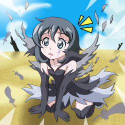 Rule 34 | 10s, 1girl, :o, all fours, black gloves, black hair, black thighhighs, blue eyes, boots, elbow gloves, feathers, gloves, happinesscharge precure!, highres, precure, queen mirage, short hair, skirt, solo, spoilers, thigh boots, thighhighs, torn clothes, watosonshi