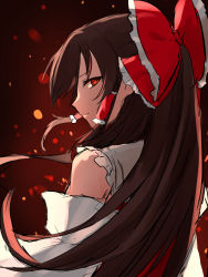 Rule 34 | 1girl, bare shoulders, bow, brown hair, closed mouth, collared vest, commentary request, detached sleeves, frilled bow, frills, hair bow, hakurei reimu, highres, long hair, long sleeves, looking at viewer, looking back, nano popo02, one-hour drawing challenge, red bow, red eyes, red vest, solo, touhou, upper body, very long hair, vest, white sleeves, wide sleeves