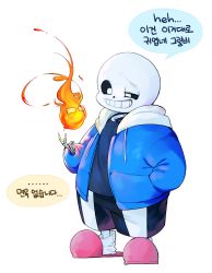 Rule 34 | 2boys, full body, grillby, highres, jacket, korean text, multiple boys, sandals, sans (undertale), simple background, smile, standing, translation request, undertale, white background, yamtteng