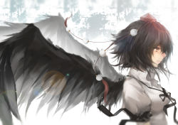Rule 34 | 1girl, bad id, bad pixiv id, black hair, black wings, breasts, brown eyes, feathered wings, from side, hat, highres, lens flare, light smile, looking to the side, medium breasts, neck ribbon, pom pom (clothes), profile, puffy short sleeves, puffy sleeves, ribbon, rotain, shameimaru aya, short hair, short sleeves, solo, tokin hat, touhou, upper body, white background, wings