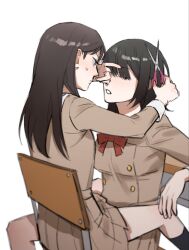 Rule 34 | 2girls, bang dream!, bang dream! it&#039;s mygo!!!!!, black hair, black socks, bow, bowtie, breasts, brown dress, chair, closed eyes, closed mouth, commentary request, cutting hair, desk, dress, hanasakigawa school uniform, highres, holding, holding scissors, kneehighs, korean commentary, long bangs, long hair, long sleeves, looking at another, medium breasts, multiple girls, nohee07, open mouth, purple eyes, red bow, red bowtie, sailor collar, sailor dress, school chair, school desk, school uniform, scissors, shiina taki, simple background, socks, straddling, sweatdrop, white background, white sailor collar, yahata umiri, yuri